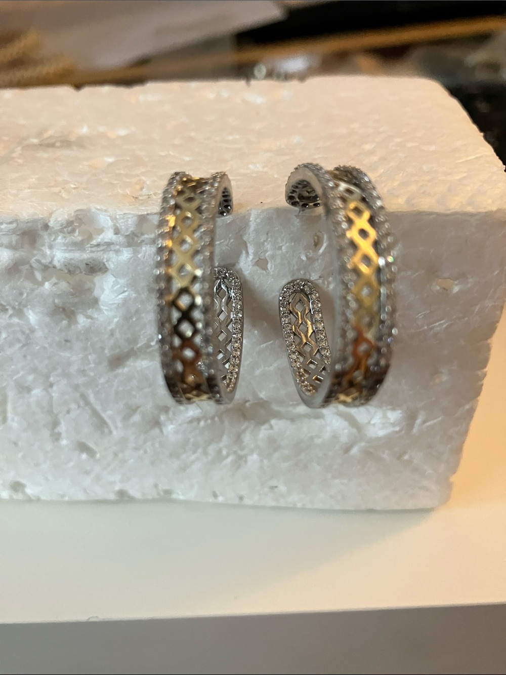 Sterling Silver Lattice Hoop Earrings with rhinestones and brass “X”